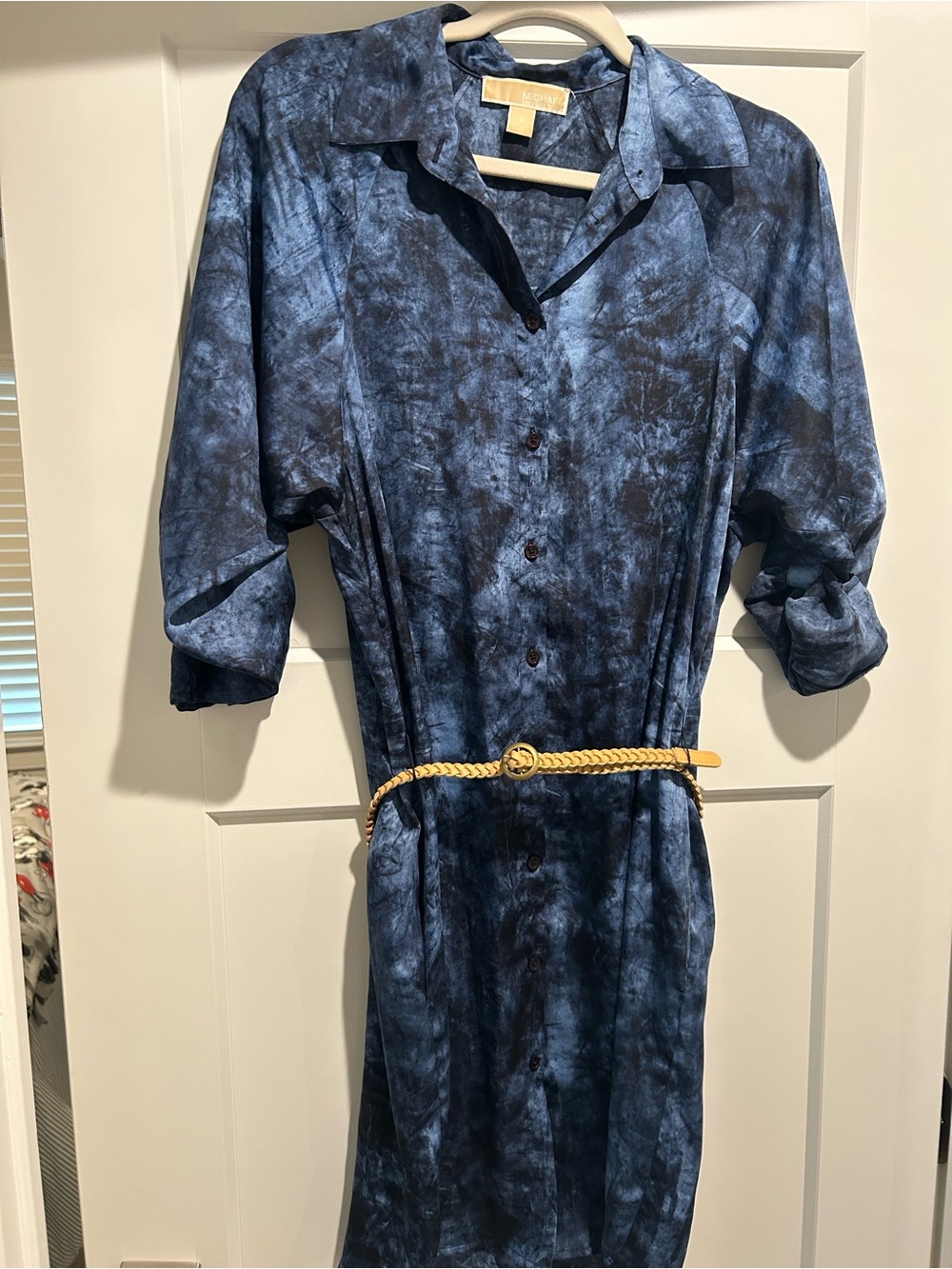 MICHAEL Michael Kors Blue Tie-Dye Shirt Dress with Braided Tan Belt